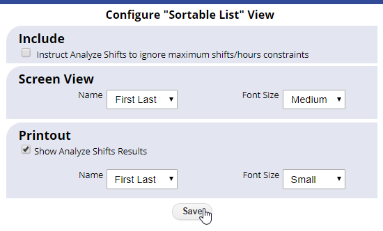 sortable list view configure options