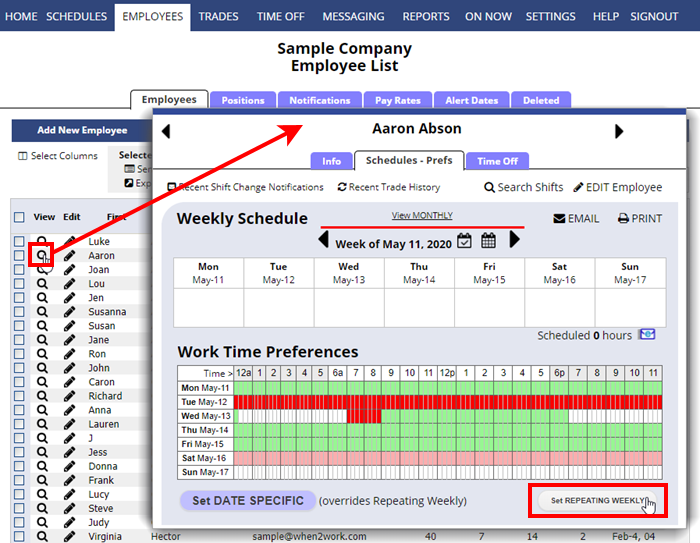employee details schedule preferences set repeating weekly