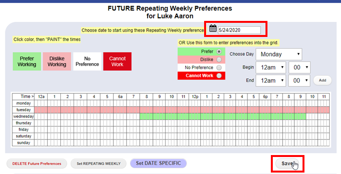 future repeating weekly preferences date
