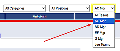 manager teams filter dropdown