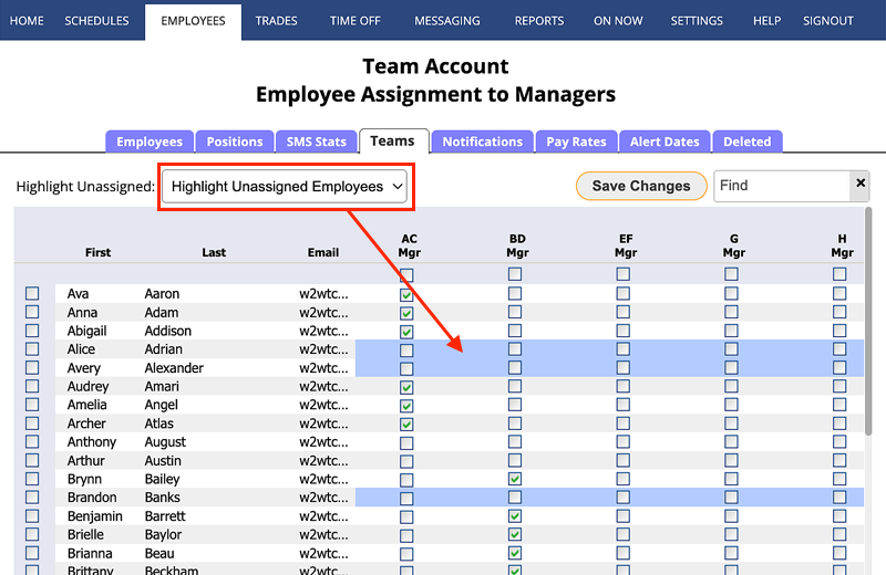 manager teams highlight unassigned