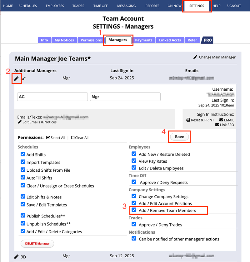 manager team permissions settings