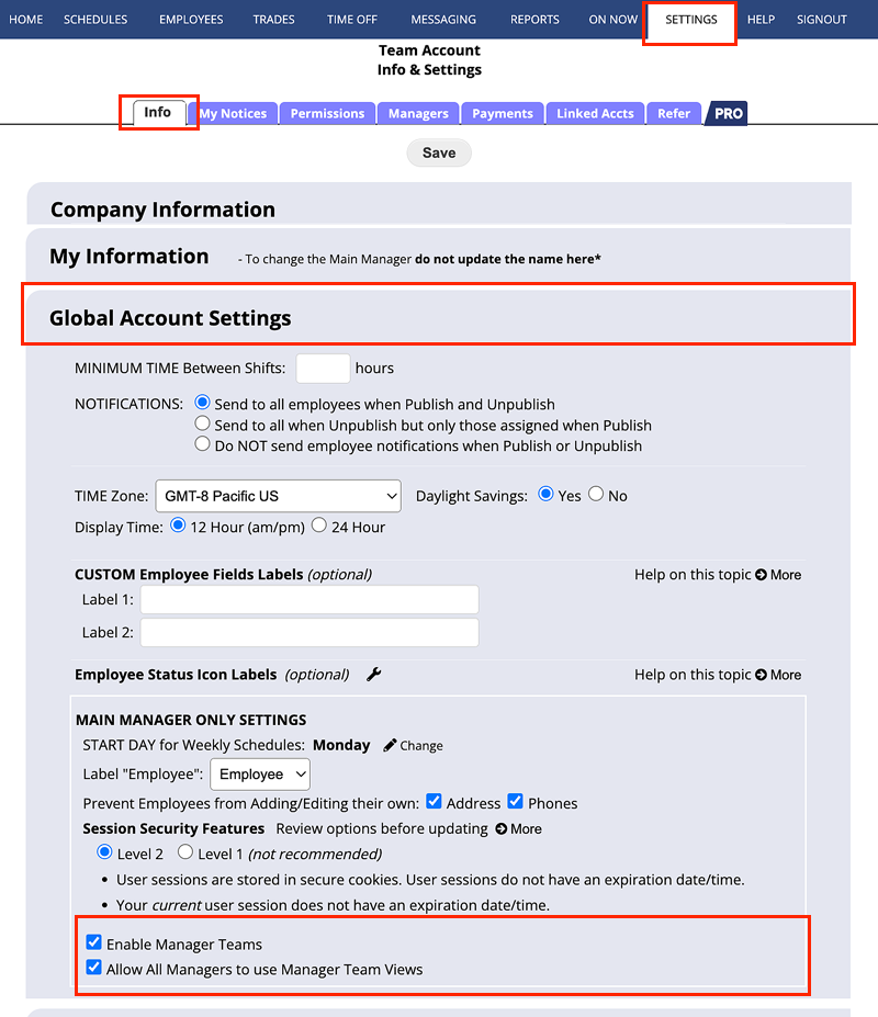 main manager company info settings to enable manager teams