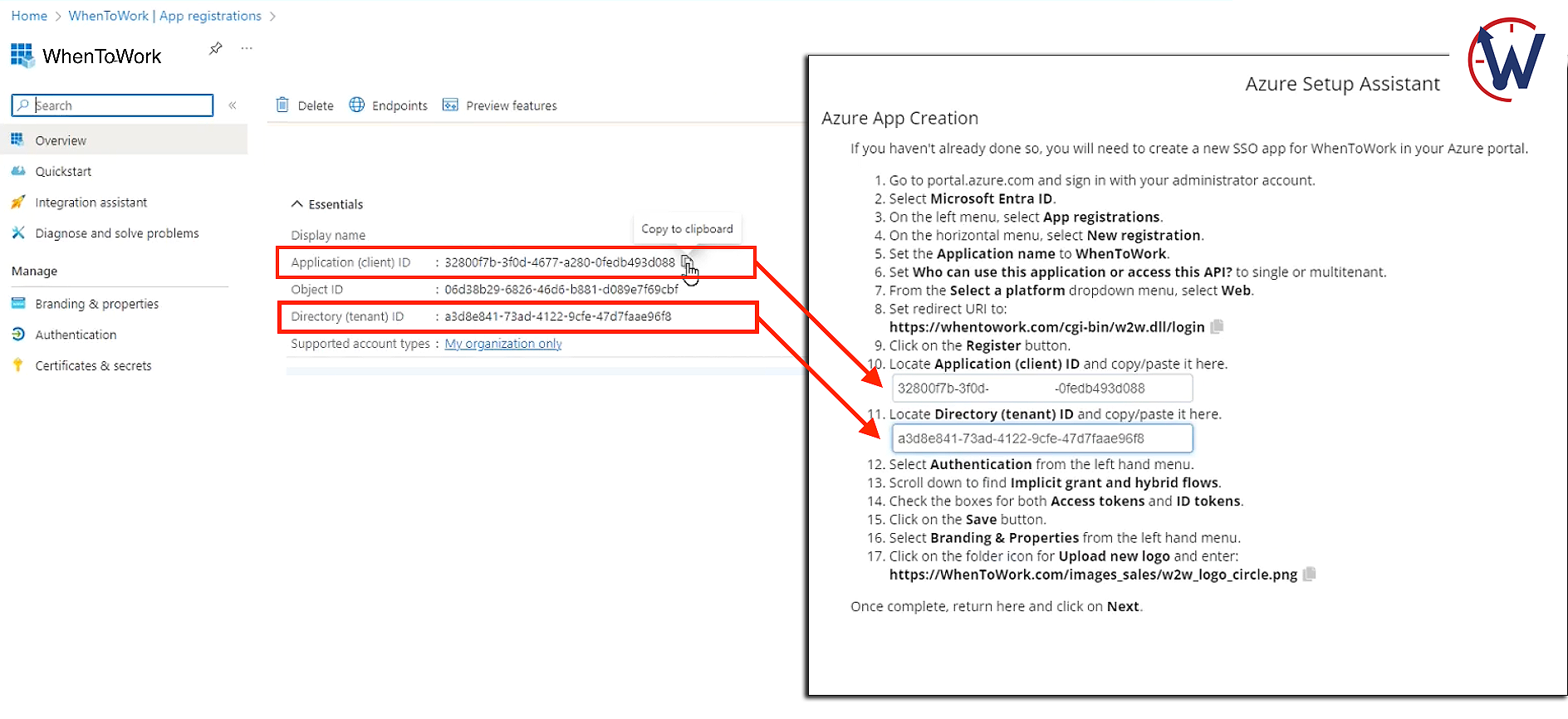 sso setup azure app id and directory id
